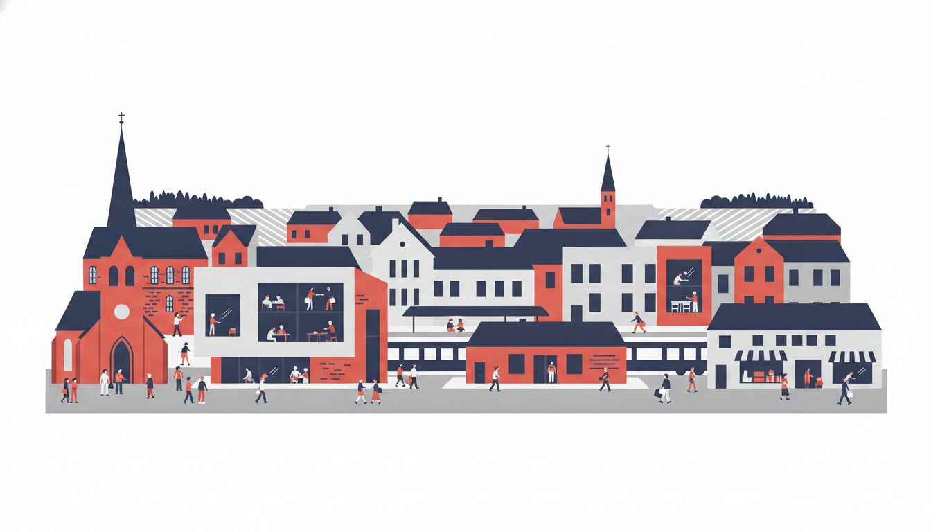 Skjern bycenter med en rød murstenskirke med høj spir, modernt kulturcenter med store vinduer, jernbanestation, uddannelsesbygninger og borgere, der bevæger sig gennem de travle offentlige rum.
