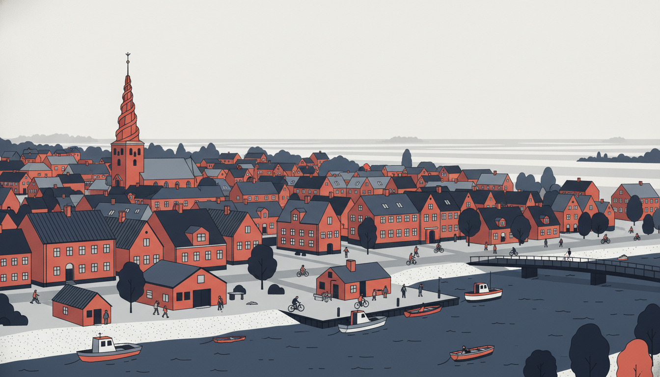 Skjern by ved Skjern Å river: rød-orange træhuse med mørke tag omkring Lønborg Kirke's spiraltårn, bådehavn med sandstrand, både og mennesker, fladt vestjysk landskab.