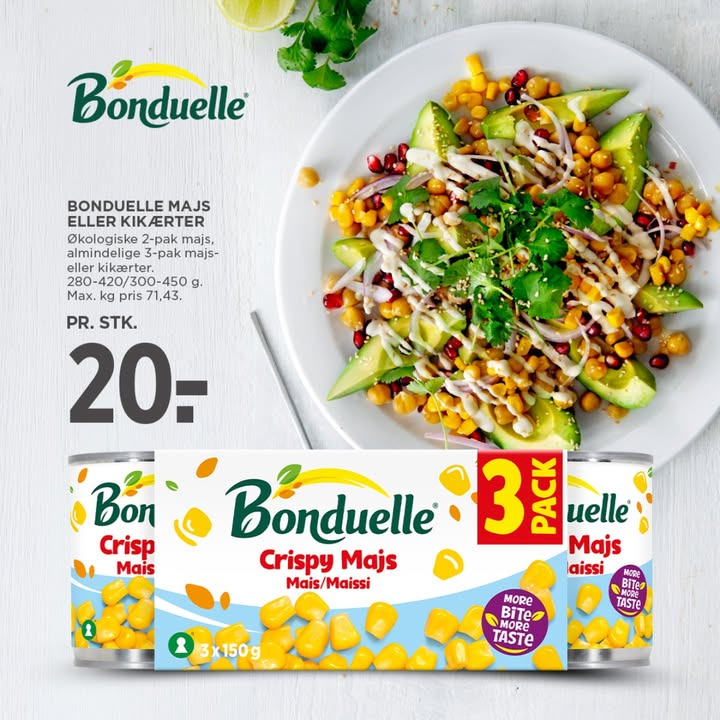 MENY Randers har Bonduelle Crispy Majs til 20 kr.