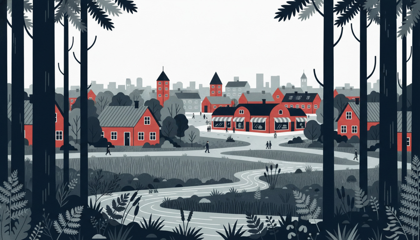 Skovlandskab med høje træer, meandrende vandløb og vådt eng i forgrunden, med røde Albertslund-huse og bysilhuet synligt blandt træerne i baggrunden.