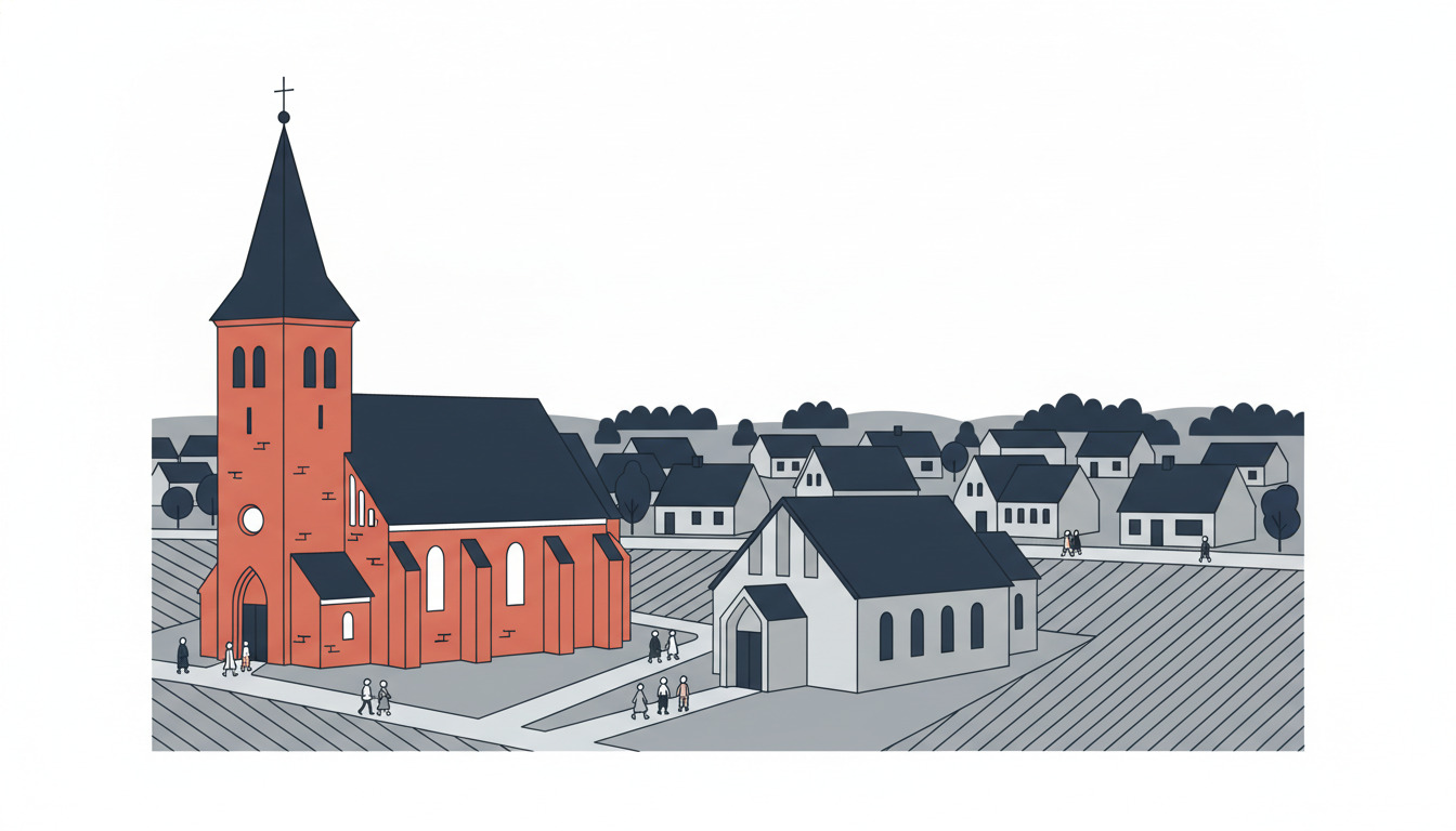 To kirker i Skjern: en markant rød-murstenene romansk kirke med keglespir og rundbuede vinduer, og et hvidt samtidigt kapel i nærheden, placeret i det flade danske bylandskab med boligbebyggelse.