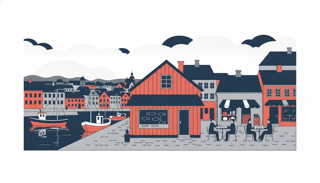 Fåborg-havnefront med fiskerbåde, havn, caféterrasse med gæster, rustik rød røgeri med fiskeskilt, bagerí og butiksvinduer, historiske byhuse, smalt fodgængertorv.