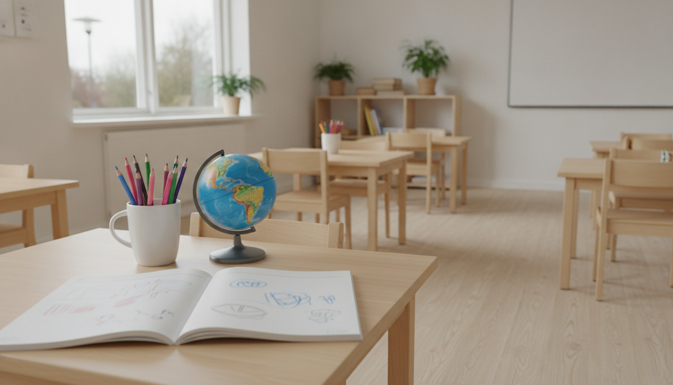 Skoleskrivebord med åbne øvelseshæfter, farveblyanter i hvidt krus og globus i naturligt lys.
