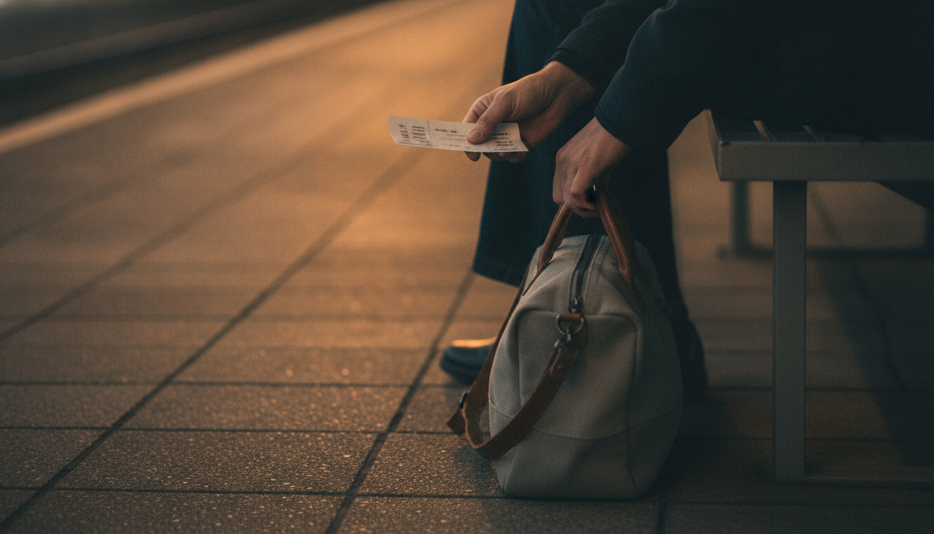 Tætbilledet af hænder, der holder en togbillet og en rejsetaske på et togperrondement i skumringen.