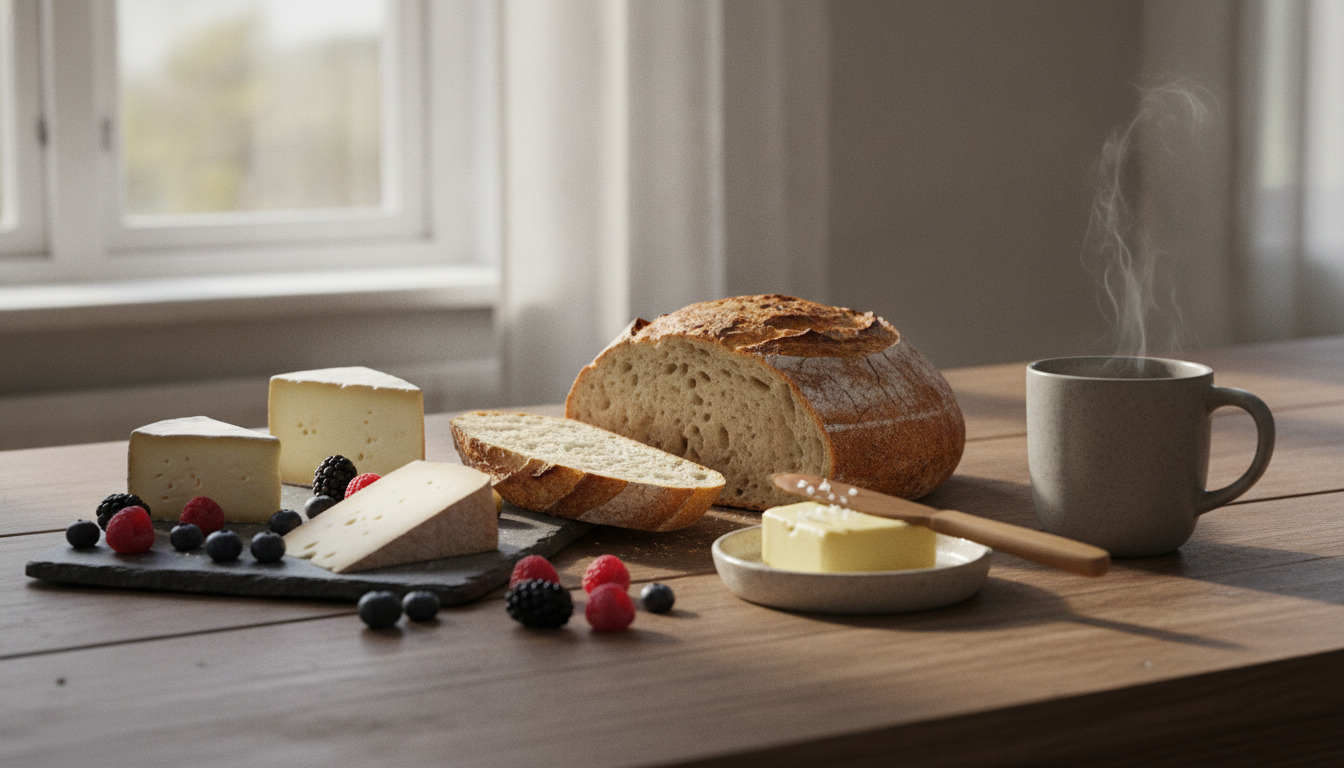 Rustik brunchbord med rugbrød, ost, bær, smør og kaffekop i naturligt lys fra vindue.