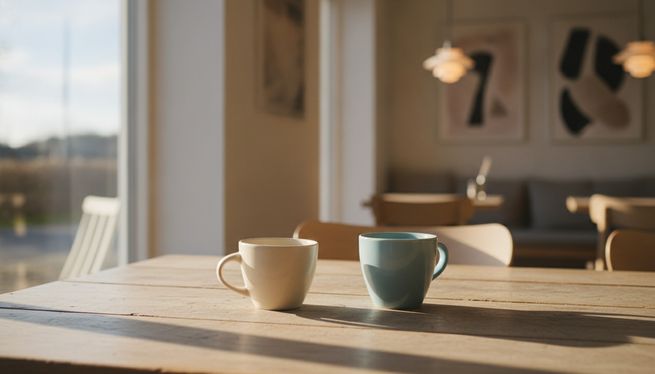 To keramiske kaffekopper på træbord i varmt sollys – en beige og en grøn kop side om side.
