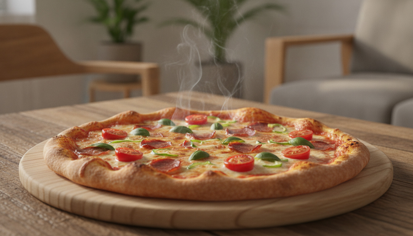 Nylig bagt pizza med ost og toppings på træbræt, damp stiger op, varmt lys.