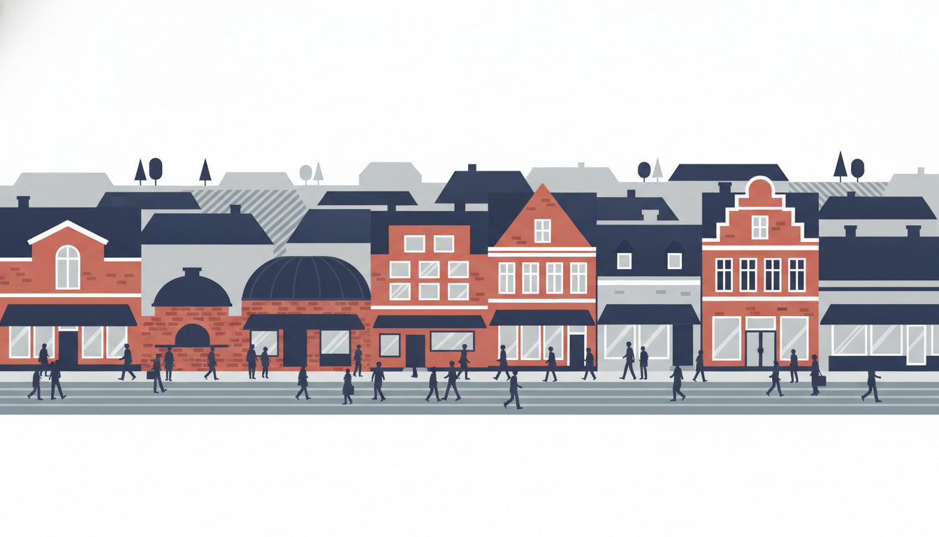 En livlig gademiljø i Frederiksberg med forskellige restauranter og spisesteder side om side: røde og mørkeblå facader, butiksudstyr, mennesker på gaden, klassisk nordeuropæisk arkitektur.