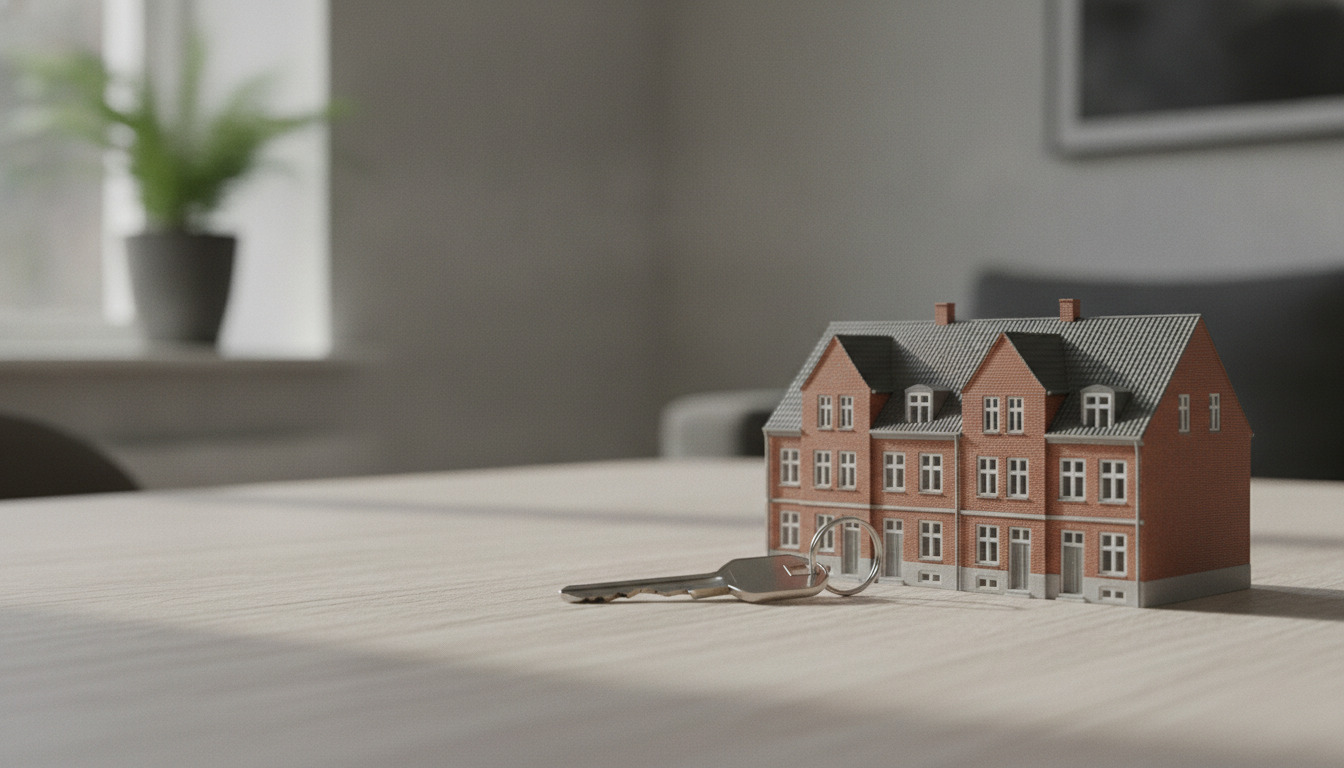 Nøgle og lille modelhusbygning af rødt teglstenehus på træbord i naturligt lys.