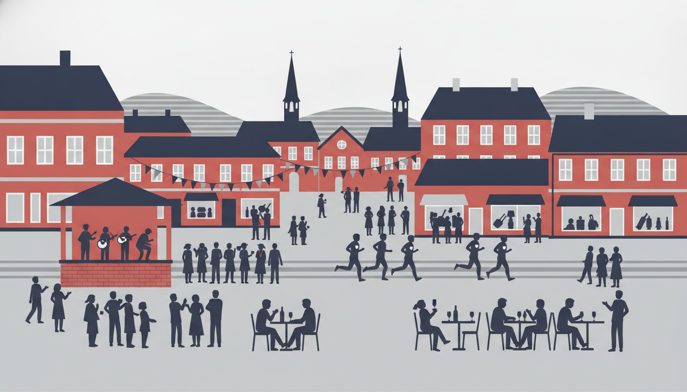 Brædstrup bymidte i gang med kulturelle begivenheder: udendørs musikopførelse, caféspising, lokale løbedetagere, festligt flagdekoration, traditionelle røde murstensbyggeri og kirkespir.