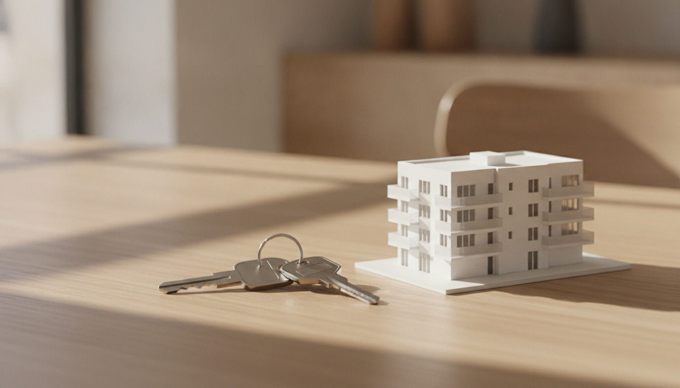 Nøgler og arkitekturmodel af boligblok på træbord i naturligt lys.