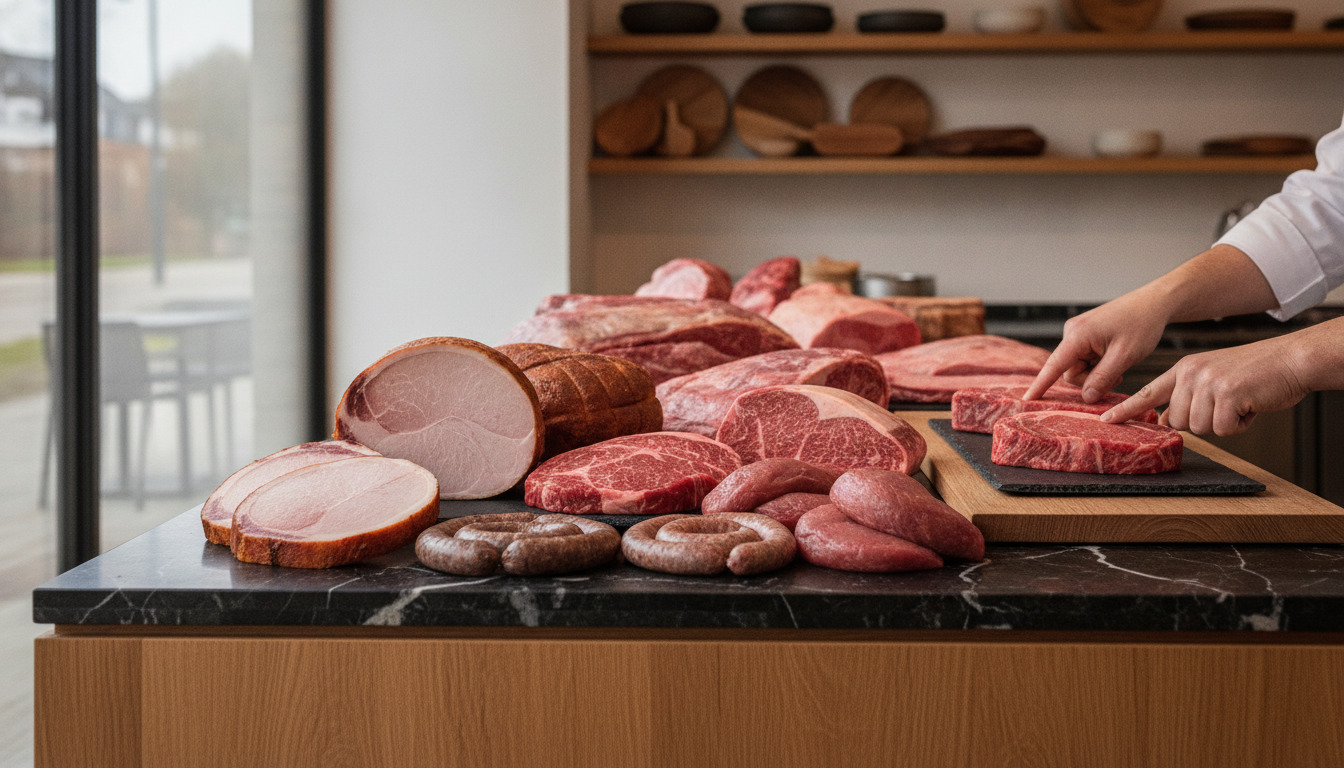 Gourmet køddisplay med skiver af cured skinke, oksekød og pølser på sort marmoroverflade, hænder arrangerer varerne.