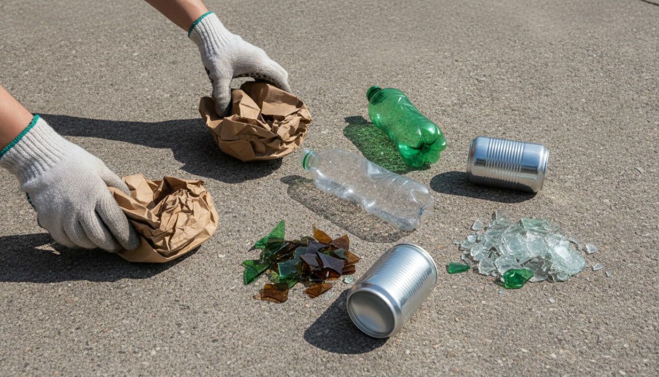 Hænder i handsker sorterer genbrugsmaterialer på beton: papkasse, plastflasker, metaltuber og glas i sollys.