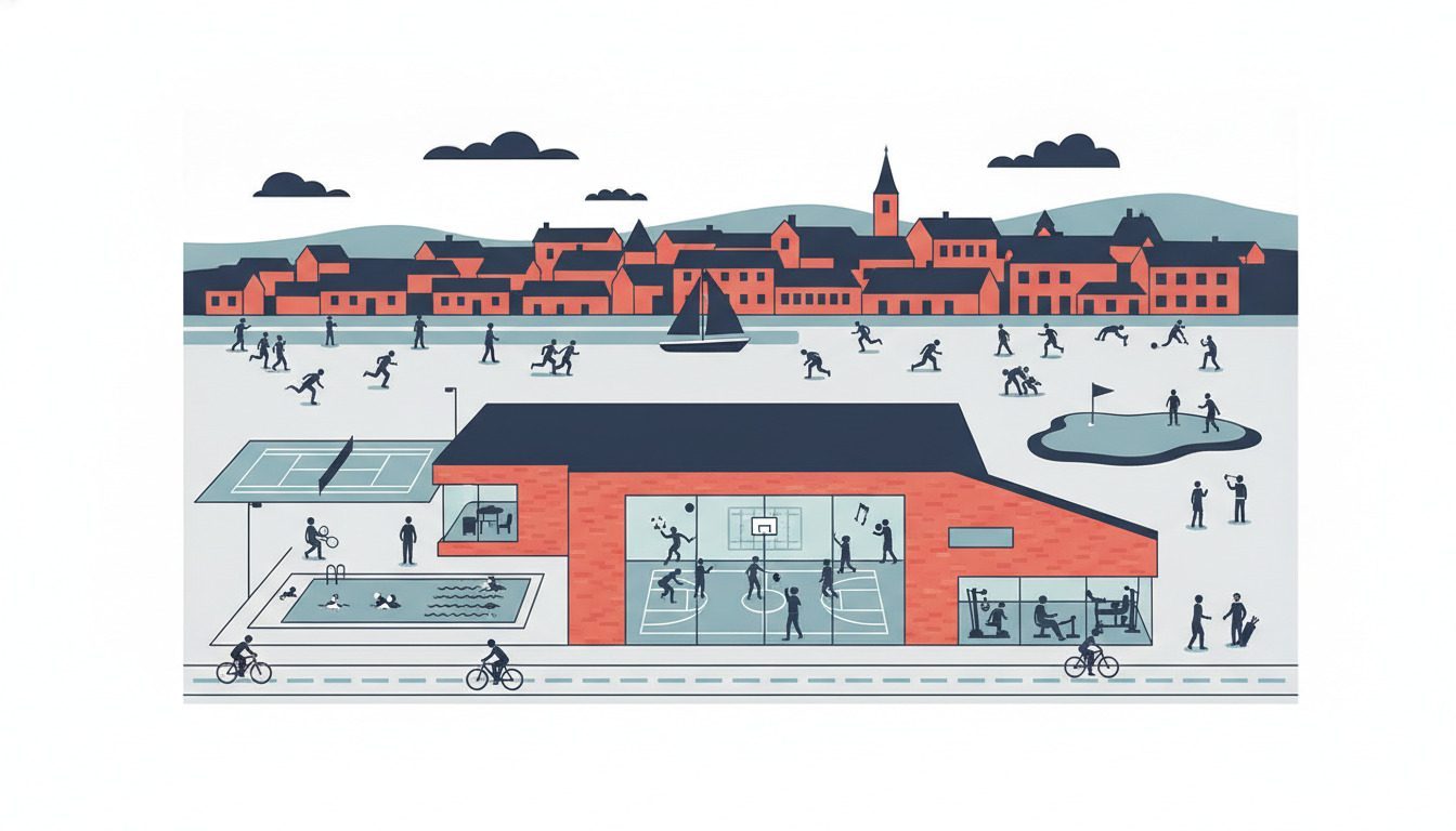 Levende fladvektor-sportscene i Ringkøbing: moderne fritidscenter med svømmebassin, indendørs sportshall med basketball-/håndboldkort og fitnessfaciliteter. Baggrunden viser rødtilsdækket bylandskab, fjord med sejlbåd, tennisbane, golfgreen og mennesker der cykler, svømmer og dyrker sport.