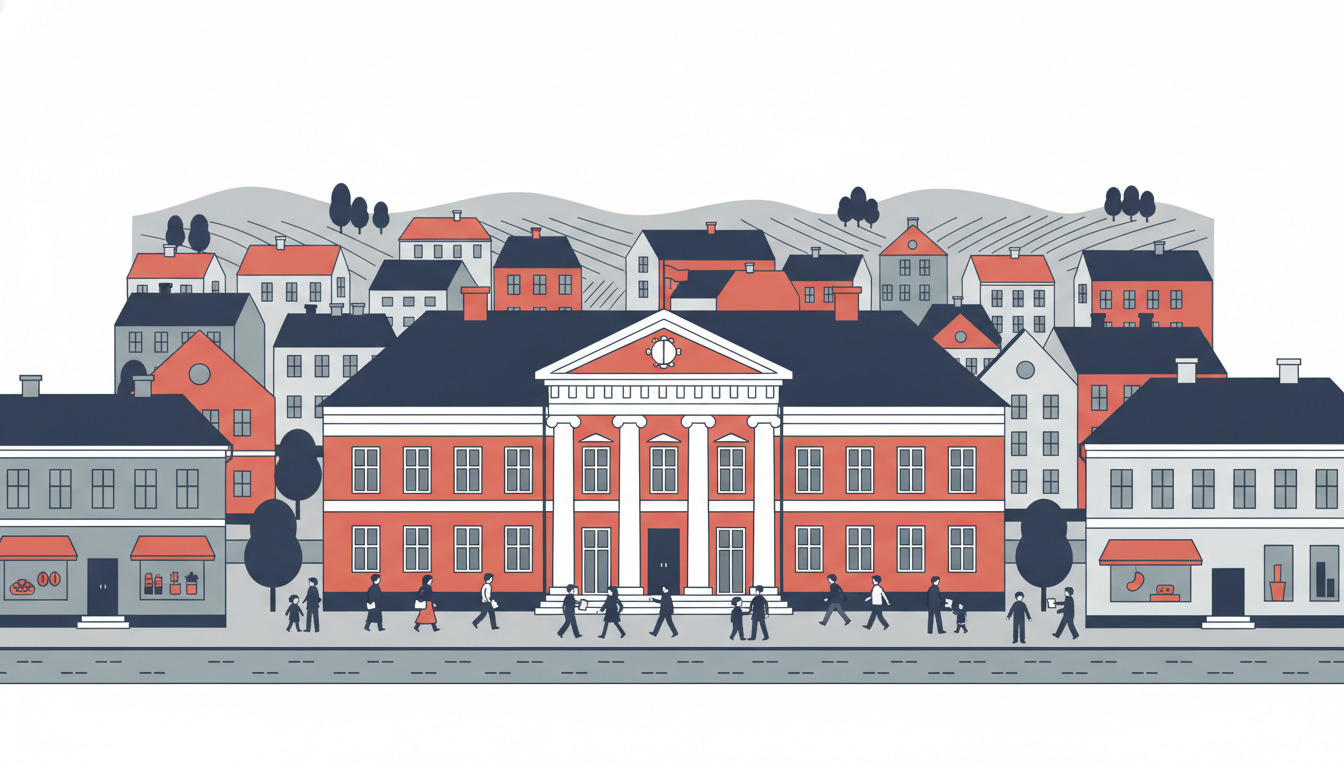 Flad vektorillustration af Ringsted Kommunes rødt teglsten klassiske rådhus med hvide søjler og ur, flankeret af beboelsesbygninger og borgere, der nærmer sig indgangen på en træbeplantset gade.