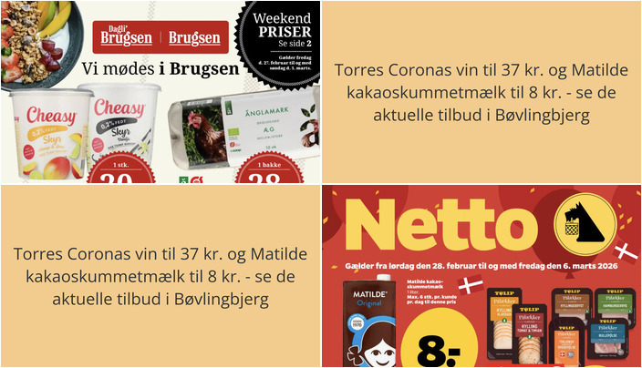 Torres Coronas vin til 37 kr. og Matilde kakaoskummetmælk til 8 kr. - se de aktuelle tilbud i Bøvlingbjerg