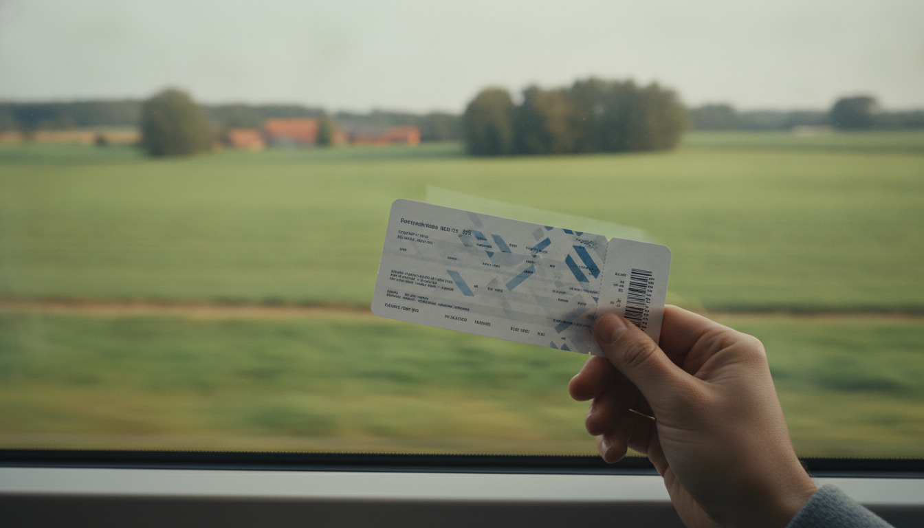 En hånd holder en DSB-togbillet op foran et togsidevindue med dansk landsbykloster i baggrunden.