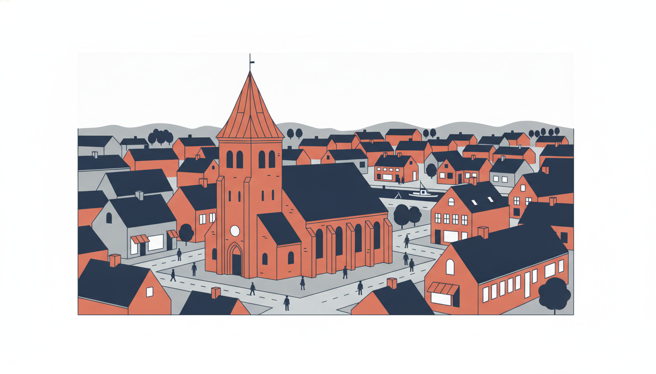 Fladvektor-illustration af en dansk kystby centreret omkring en rødstenskirke med et højt kobberkledt keglestyrtet tårn, rundbuede vinduer og gotiske proportioner, omgivet af orange-stensboligbygninger med mørke tage i en maritim bysammenhæng.