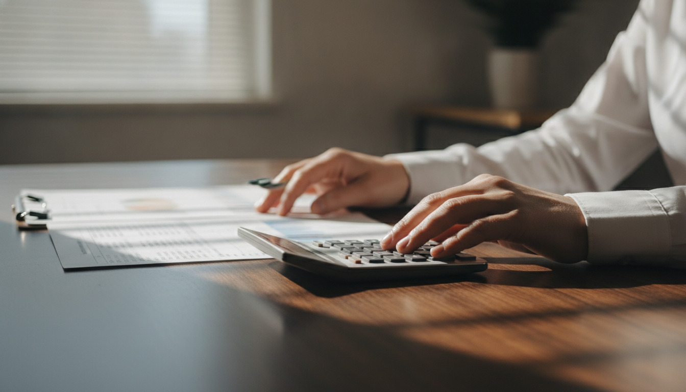 Bankmedarbejder arbejder med finansielle dokumenter og lommeregner på skrivebord.