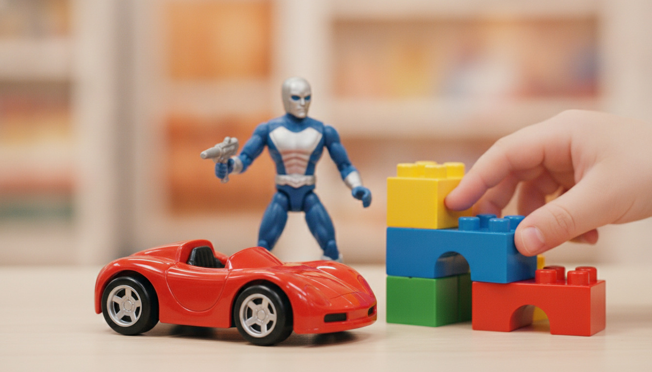 Farverige legetøj tæt på: rød legetøjsbil, blå actionfigur og byggeklodser i gult, blåt og rødt.
