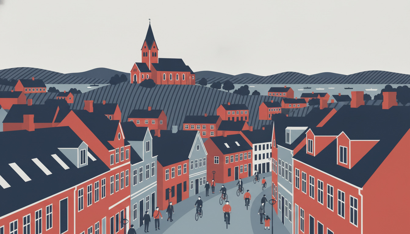 Fladvektor-illustration af Hobros hovedgade med røde mursten-periodevildinger, cyklister og fodgængere, domineret af Hobro Kirke med sit karakteristiske tvillingtårn på højdedraget, indrammet af bølgende bakker og Mariagerfjord i det fjerne.