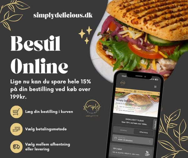 Simply Delicious tilbyder 15% rabat ved onlinebestilling over 199 kr.