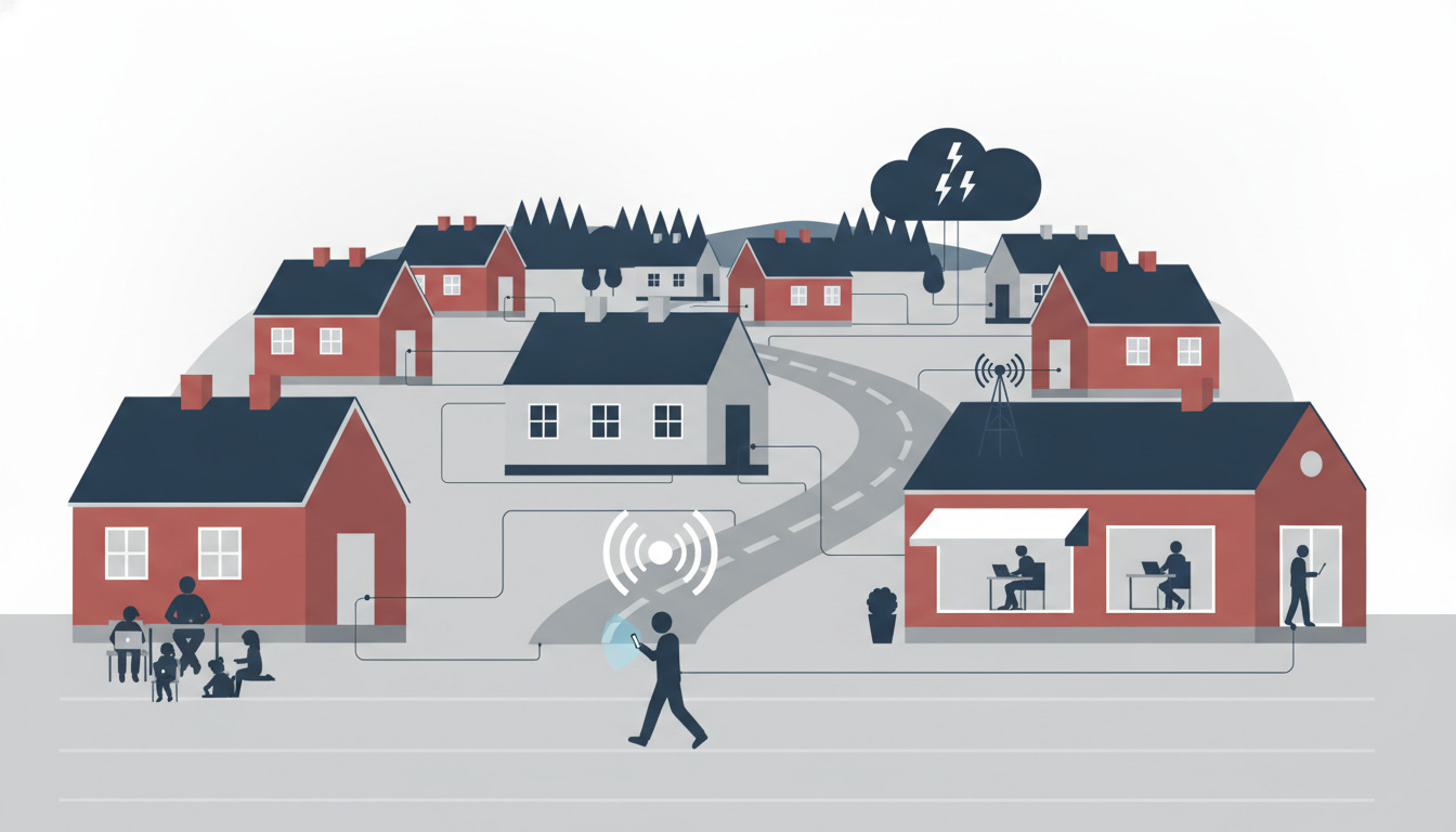 Moderne boligområde i Allingåbro med røde huse og grå bygninger forbundet via fiber- og bredbåndsnetværk. Folk bruger digitale enheder ind- og udendørs med synlige netværkssymboler og WiFi-signaler.