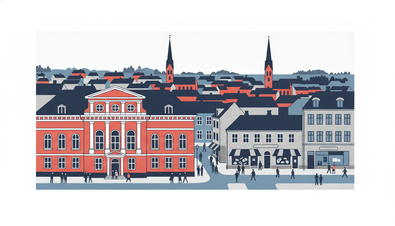 Fladt vektorillustreret dansk rådhus i klassisk rød mursten med hvide søjler og høje vinduer, omgivet af borgere på torvet, med kirketårne og boligbebyggelse i baggrunden.