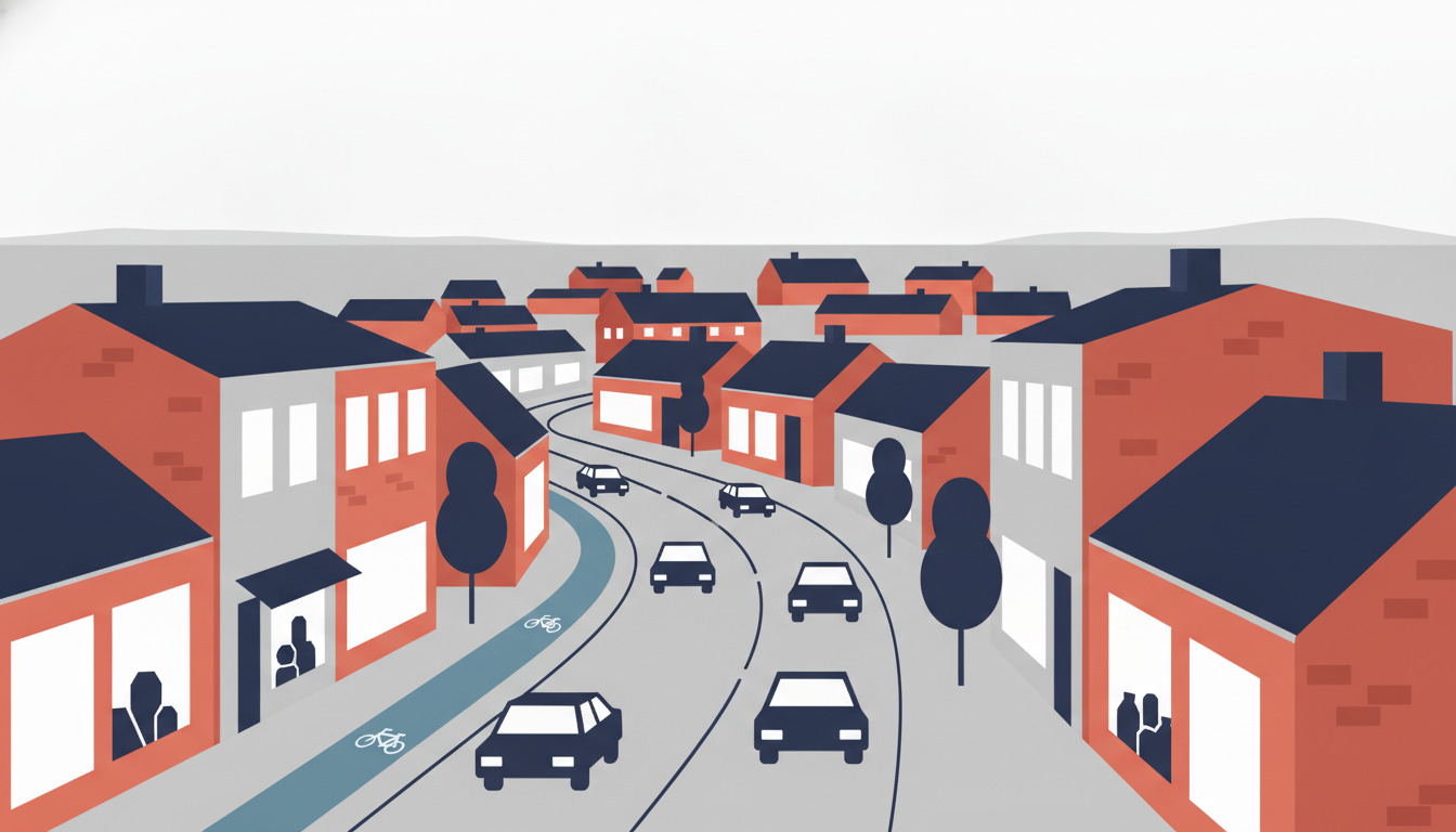 Fladt vektorillustration af Blåvands hovedgade med biler og cykler på en snoet kystroad, omgivet af røde mursten- og hvide bygninger med mørke tage, træer og det flade kystlandskab i baggrunden.