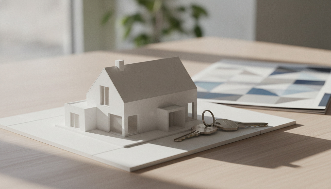 Nøgler ligger på en hvid arkitekturmodel af et nordisk hus på et træbord med ejendomsprospekter i baggrunden.