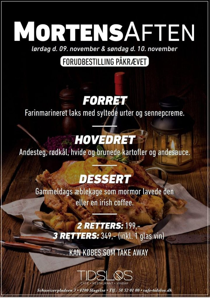 Café Tidslös inviterer til Mortens aften med gratis vin og to eller tre retters menu