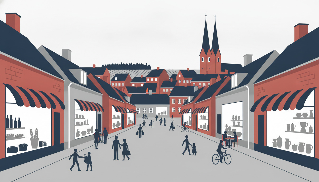 En charming dansk småby-gade med røde mursten og blå tage, butikkerfacader med store vinduer og stribet markiser, gågade med mennesker og cyklist, kirke med tvillingtårne i baggrunden.