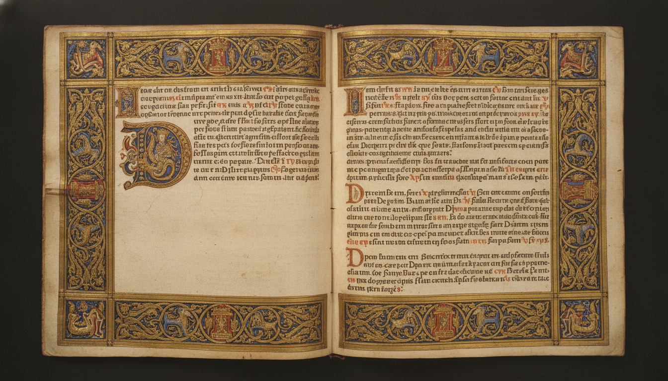 Åbnet medievalmanuskript med guldornamentik, illuminerede initialer og latinsk håndskrift på pergament.