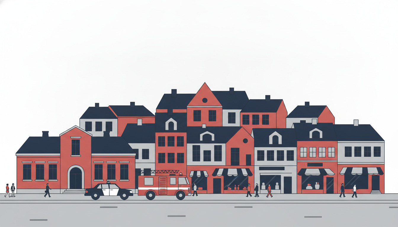 Fladtvektor-illustration af en dansk bygate med en rød mursten politistation med hvælvet indgang, omgivet af bolig- og forretningsbygninger med mørke tage. Politibil og brandslukningskøretøj parkeret foran, fodgængere på gaden.