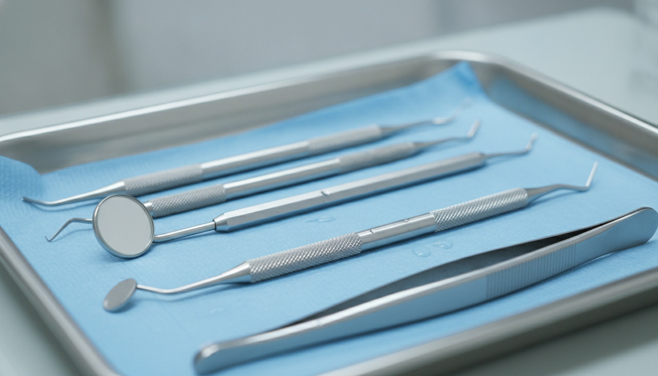 Tætbillede af sterilit tandlægeinstrumenter på blå bakke i metalinstrumentkasse.