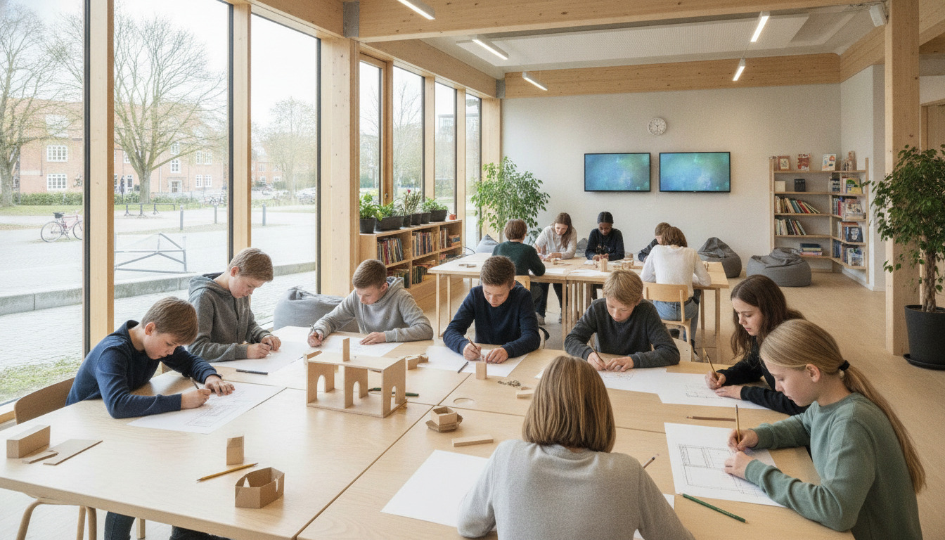 Børn arbejder fokuseret ved træborde med skitse- og byggematerialer i et lyst, moderne undervisningsrum.