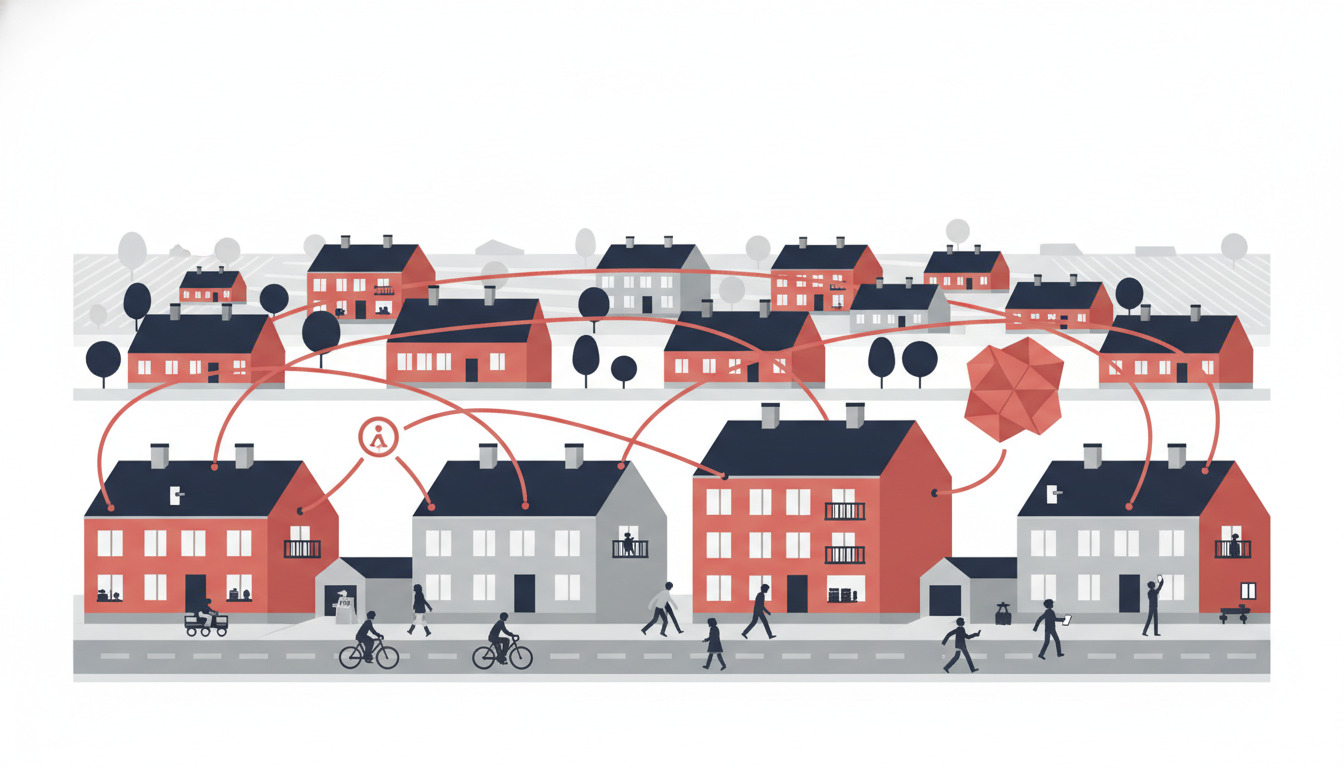 Albertslund forstadsscene med røde mursten- og grå boligbygninger forbundet af røde fiboptiske netværkslinjer, med mennesker og cyklister på gaden, som afbilder digital infrastruktur-connectivity.