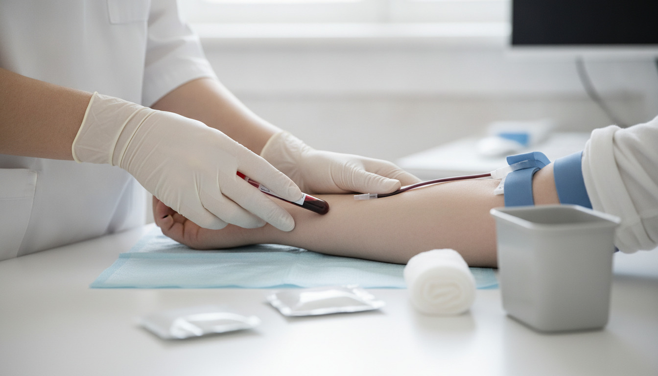 Læges hænder i hvide handsker holder en patient arm under blodprøvetagning på en klinisk arbejdsbord.