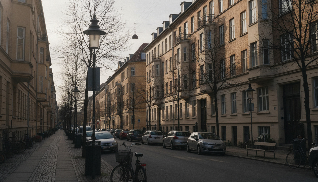 Lukkebillede af bygningsfacader og gadeudstyr; generisk boligstrøg fra nordisk by.