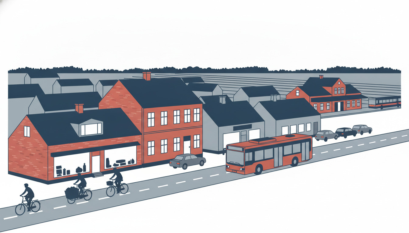 Gadebillede fra Ejstrupholm med cyklister på en cykelsti, en orange bus, parkerede biler, røde mursten-bygninger, en stationsstruktur og træbevoksninger ved horisonten—der afspejler byens transportinfrastruktur.