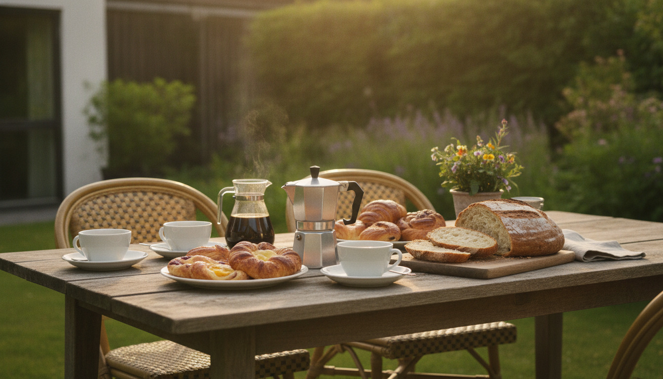 Rustikt træbord dækket med dansk rundstykker, friskt brød og kaffekopperogmokakande i varmt dagslys.