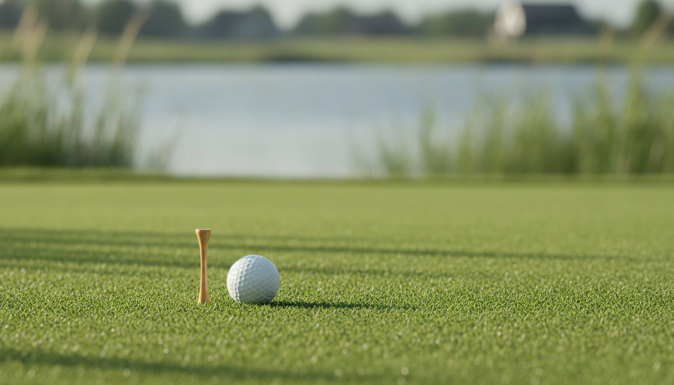 Golfbold på tee på grønt græs med uskarp baggrund.