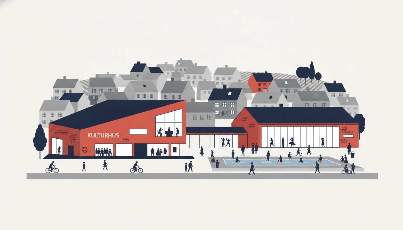 Flad vektorillustration af Spjald's Kulturhus kulturkulturforum: en iøjnefaldende rødmursten moderne bygning med store vinduer, der viser silhuetter af koncertgængere og dansere, ved siden af aktivitetsarealer, med en svømmepøl og byplads foran, samt det grå-tæt dækkede danske bybillede i baggrunden.
