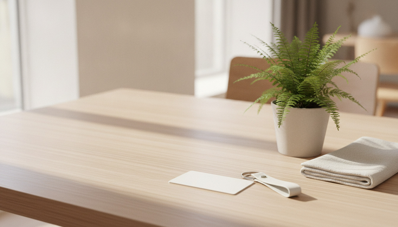 Hotelværelsenøgle og nøglekæde ligger på trætabel ved lille grøn plante og hvidt tekstil i naturligt lys.