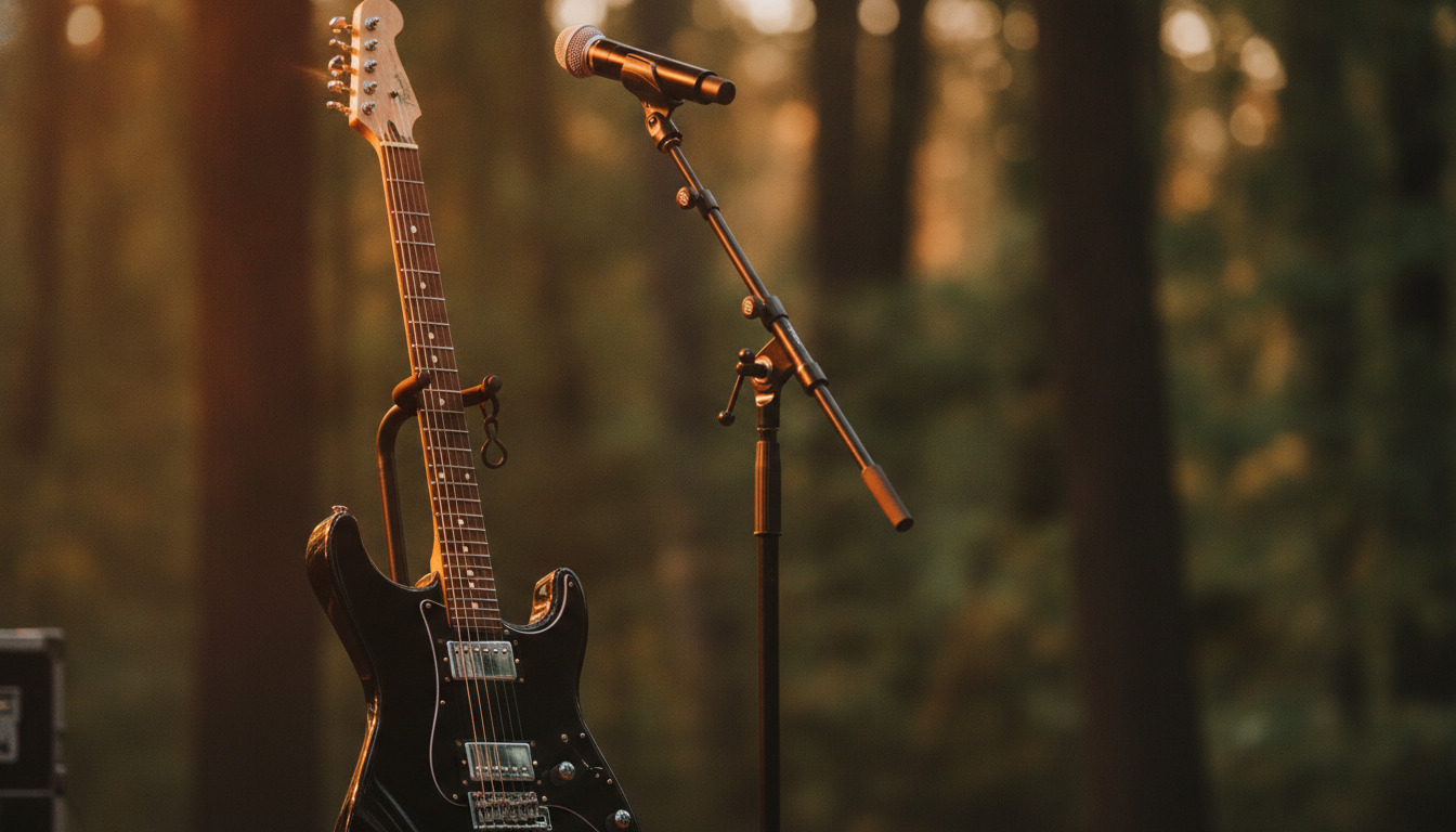 En elektrisk guitar og mikrofon på en scene med varm belysning og skovbaggrund i udsendelse.