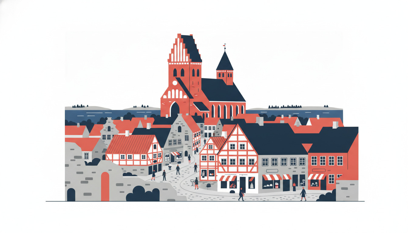 Kalundborgs middelalderlige bymidte med Vor Frue Kirkes karakteristiske fem røde tårne, der dominerer skyline'et, omgivet af historiske stenhuse og bindingsværkshuse, slotsruiner og travl plads.