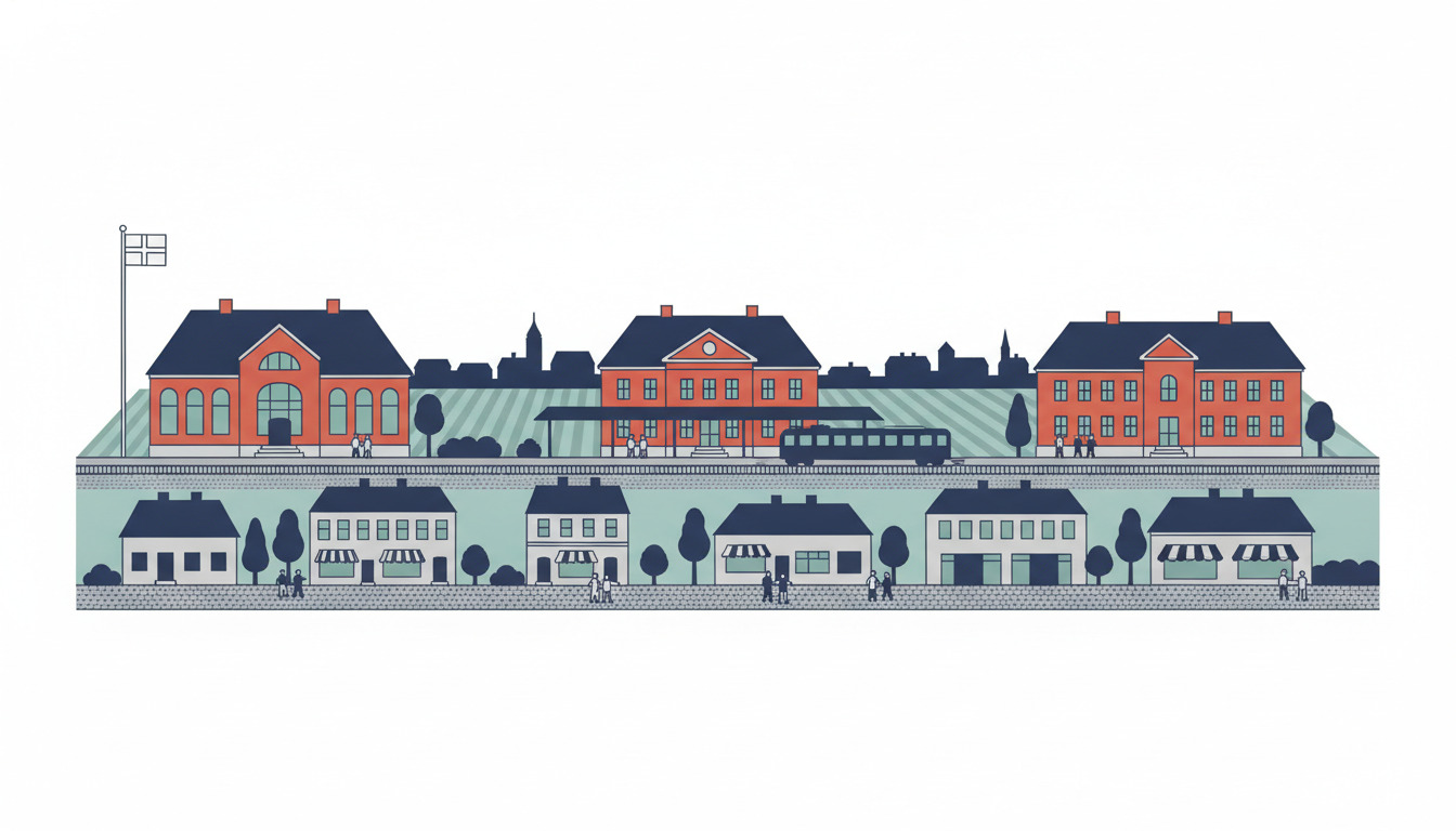 Flad vektorillustration af Jyderup bylandskab med røde mursten-skolehus, jernbanestation med tog og institutionsbygninger, periodens arkitektur, flagstang og grønne områder.