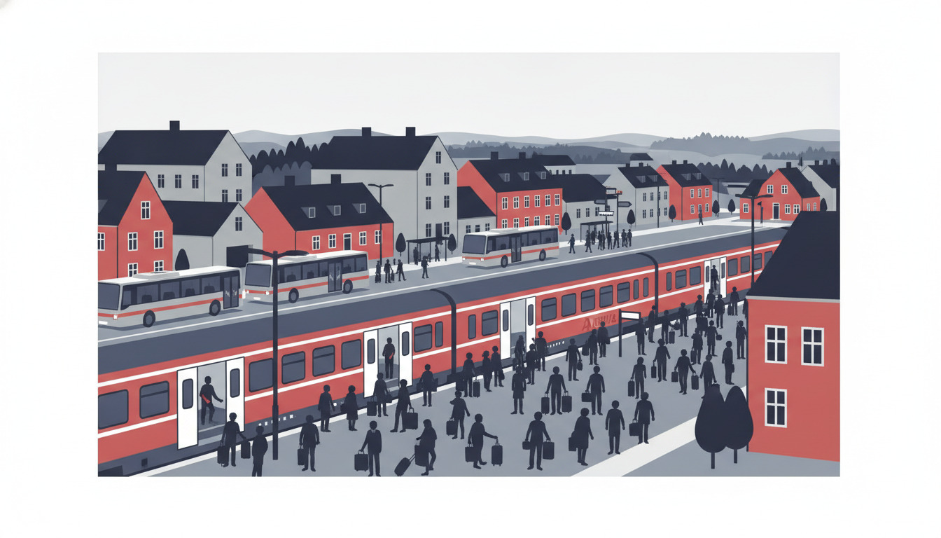 Stiliseret illustration af Tønder stationplads med rødt regionaltog ved peronkant, passagerer med bagage, busser på baggrundsvej og typiske danske bindingsværks- og mursten-bygninger under skyet himmel.