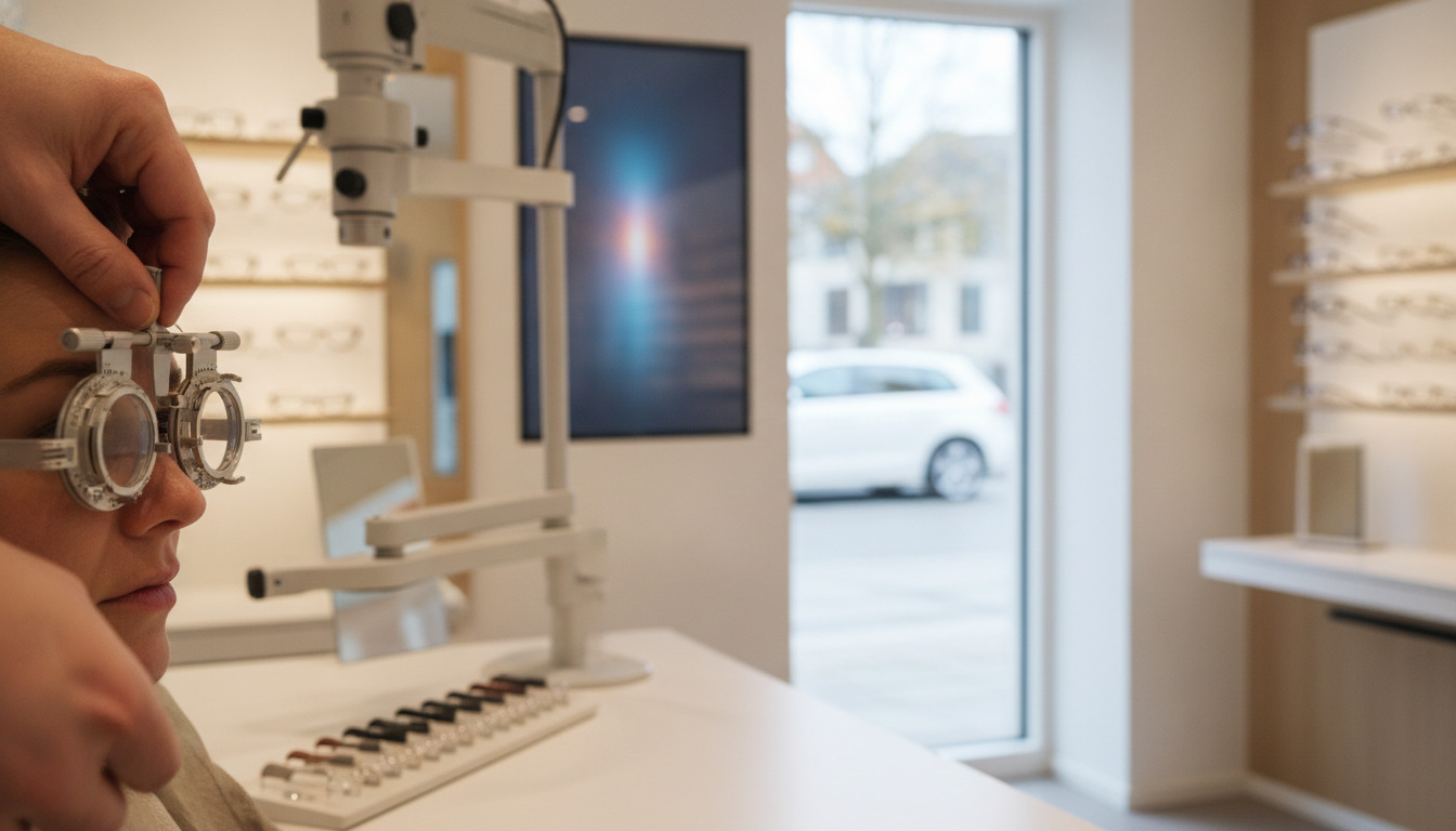 Tætbillede af øjen under optometrisk prøvning med trialramme, hænder justerer præcisions-linser i klinisk miljø.