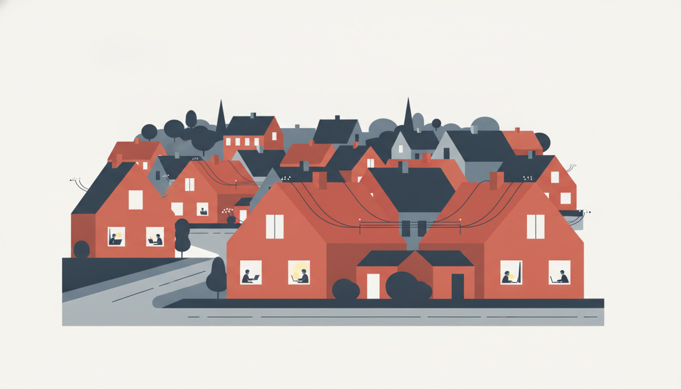Moderne boligkvarter i Middelfart med røde og sorte huse, belyst ved vindu, forbundet via kabler langs gader og tage, symbolisering fibernet.